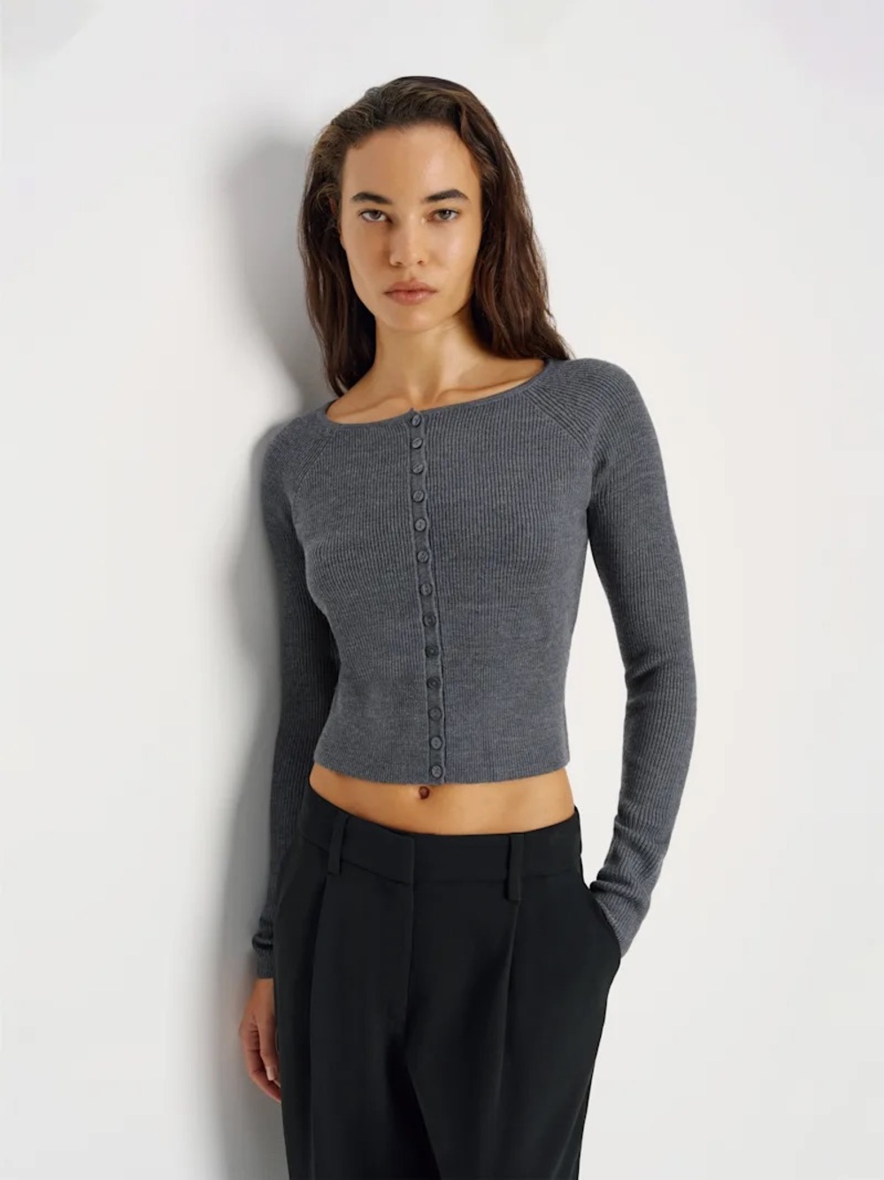 Reformation Slate Gray Ribbed Button-Front Cardigan